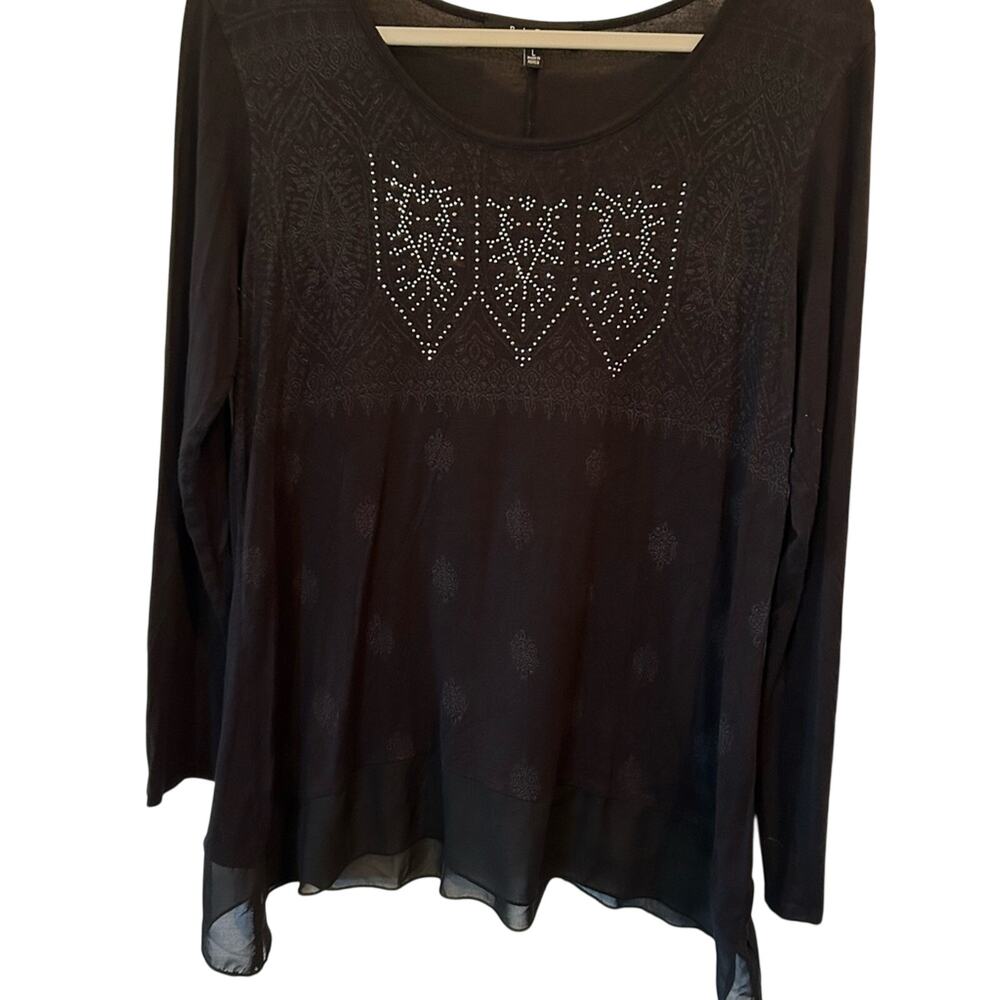 B.L.E.U. Black Embellished Long Sleeve Top Beaded Evening Sparkle Size Large